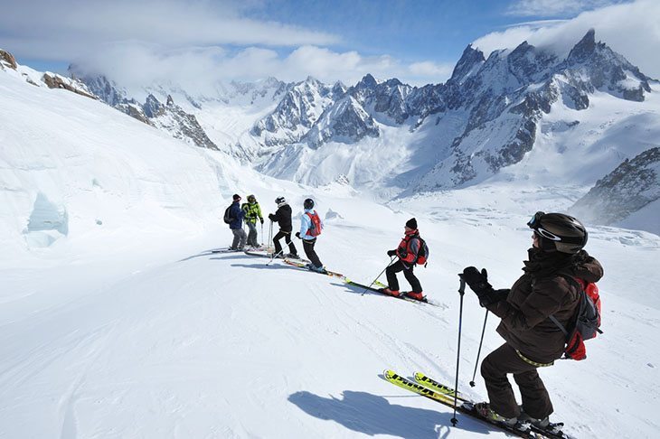 Skiers gathering towards the top of the Vallee Blanche in Chamonix, France