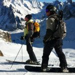 A snowboarder and off-piste ski guide on the Vallée Blanche