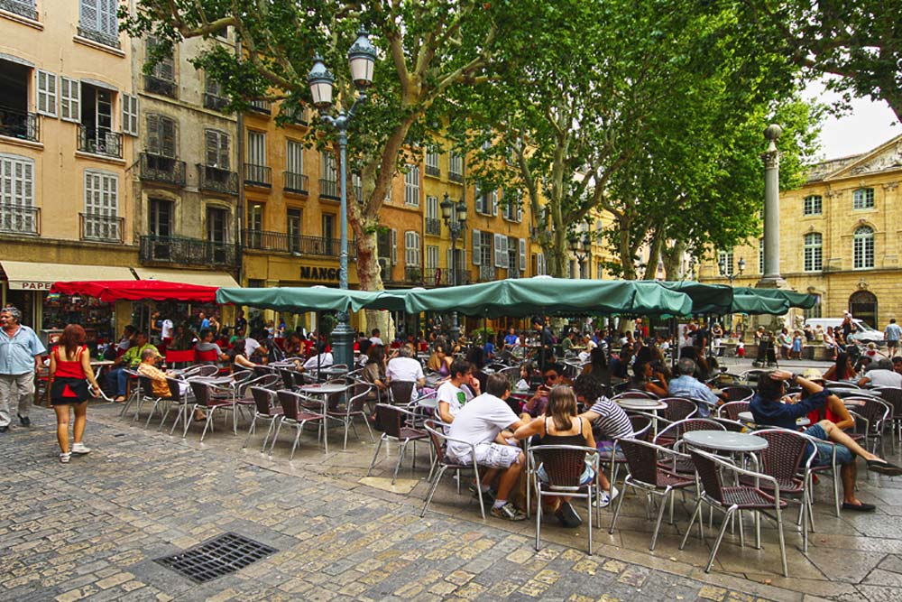 Cafe life in Place de l'Hotel de Ville in Aix en Provence