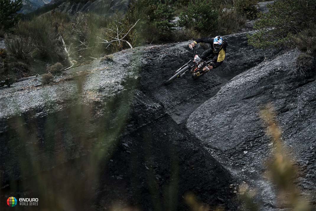 Matti Lehikoinen enters the first tight gully at the EWS in Valberg