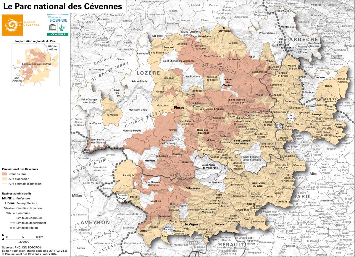 Karte des Nationalparks der Cévennen - drucken