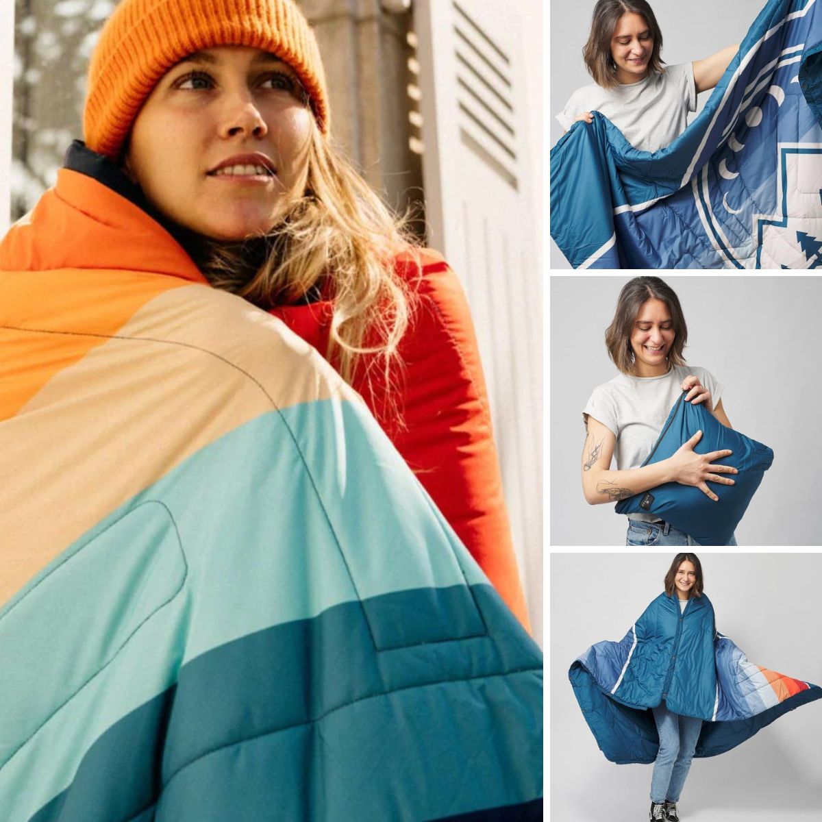 Young woman wrapped in a VOITED camping blanket on a cold day