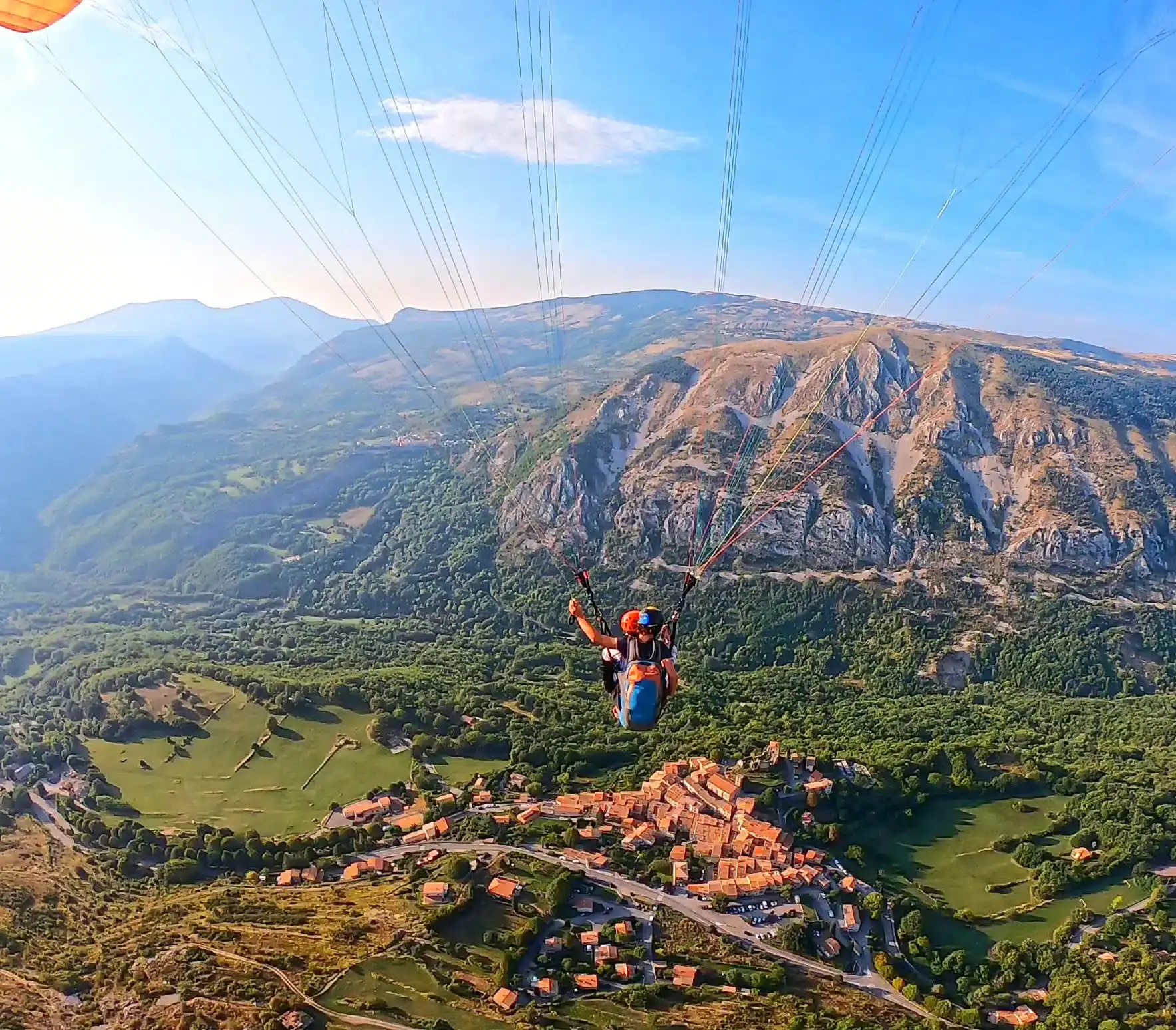 Tandem paragliding above Gréolières in the hills behind Nice