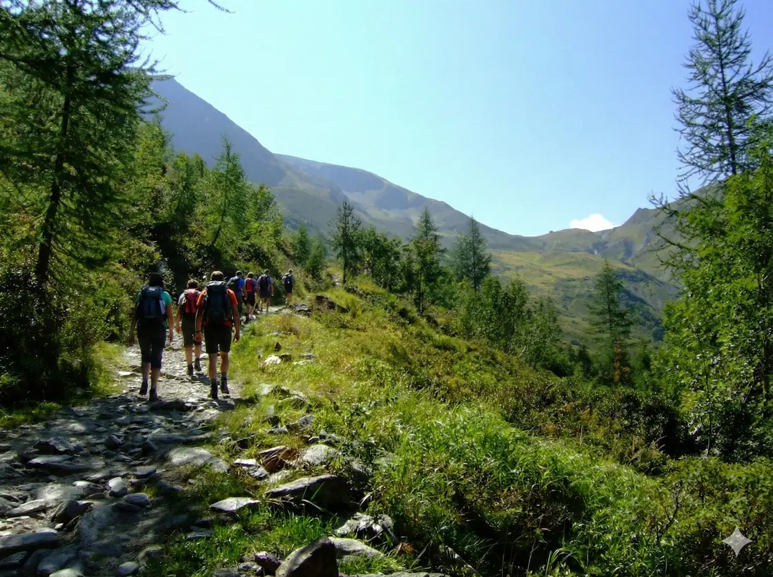 Hikers on the north side of the Col de Balme