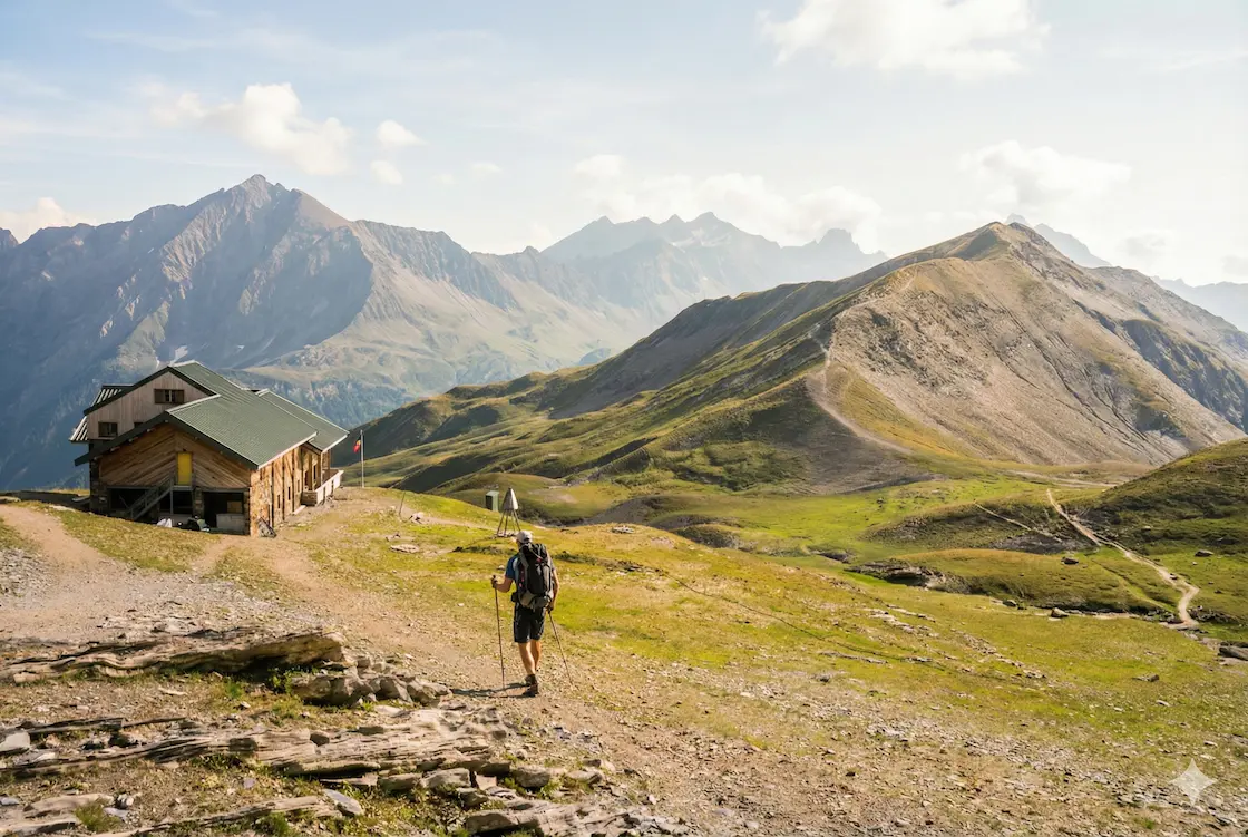 Hiker approaching the Refuge de la Croix du Bonhomme on the TMB