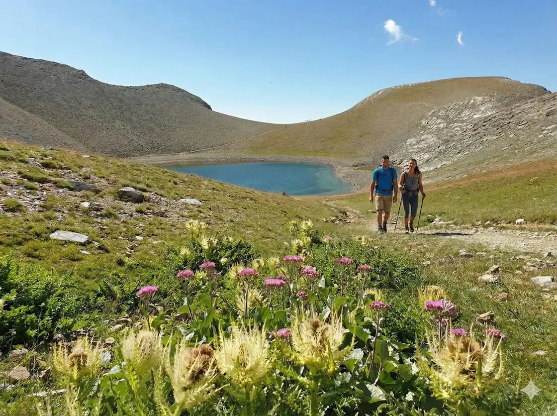 Couple hiking the Sentier des Lacs in Mercantour National Park