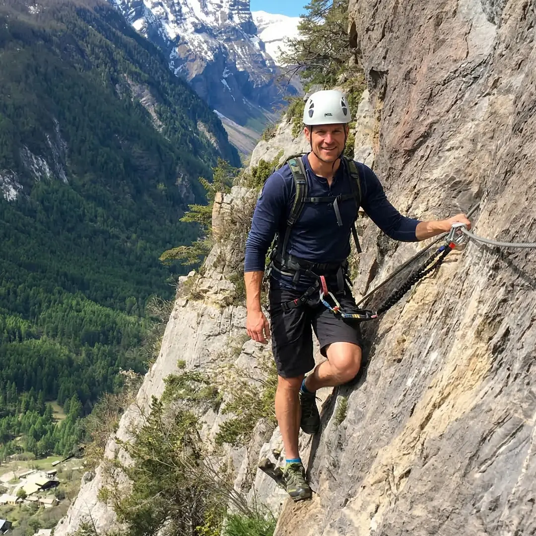 Ultimate France climber on the Via Ferrata La Grande Falaise in the southern French Alps