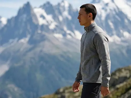 Man wearing an Arc'teryx Fleece Insulation Layer in the French Alps