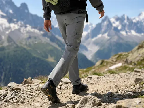 Man hiking in the French Alps wearing Arc'teryx technical hiking pants