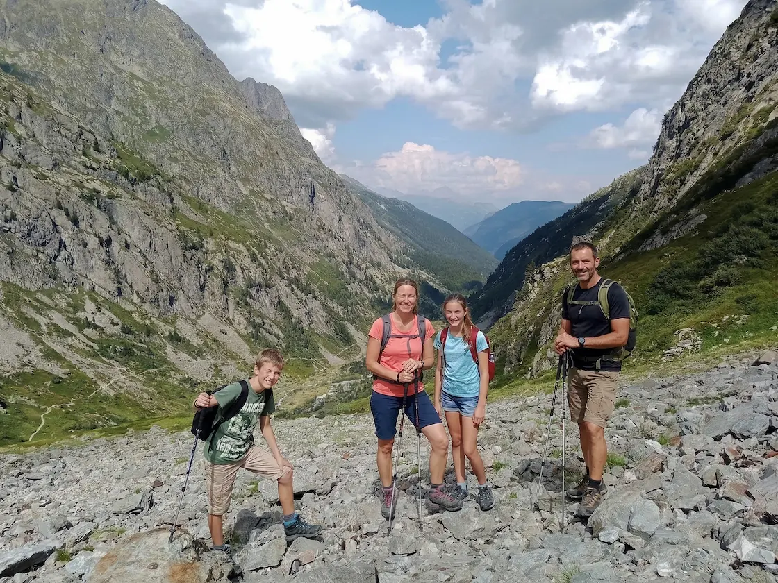 Family hiking in the Vallon de Bérard nature reserve, Chamonix