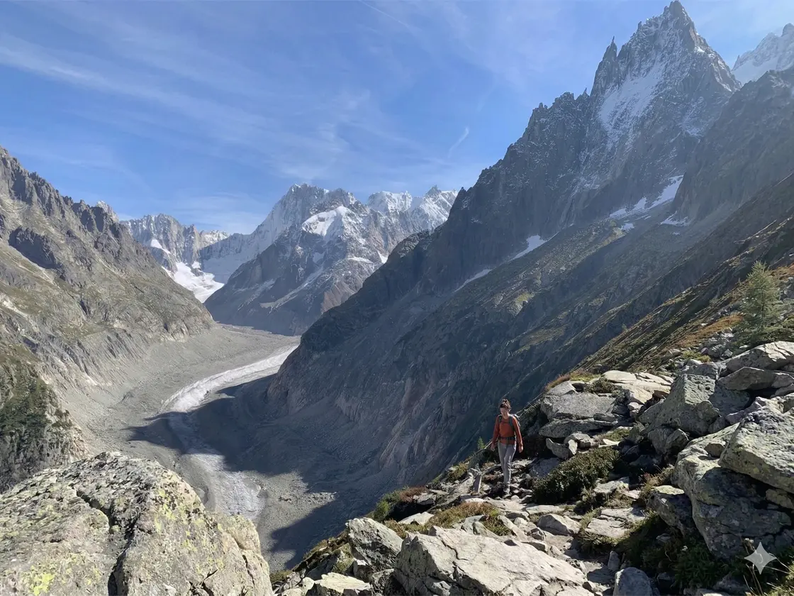 Hiker on the Grand Balcon Nord trail above the Mer de Glace, Chamonix-Mont Blanc
