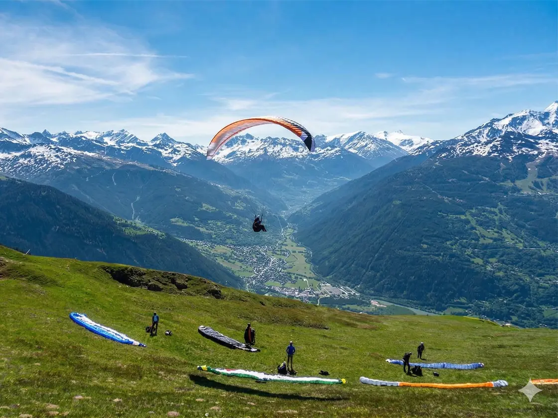 Paragliders taking off from La Cachette near Bourg-Saint-Maurice