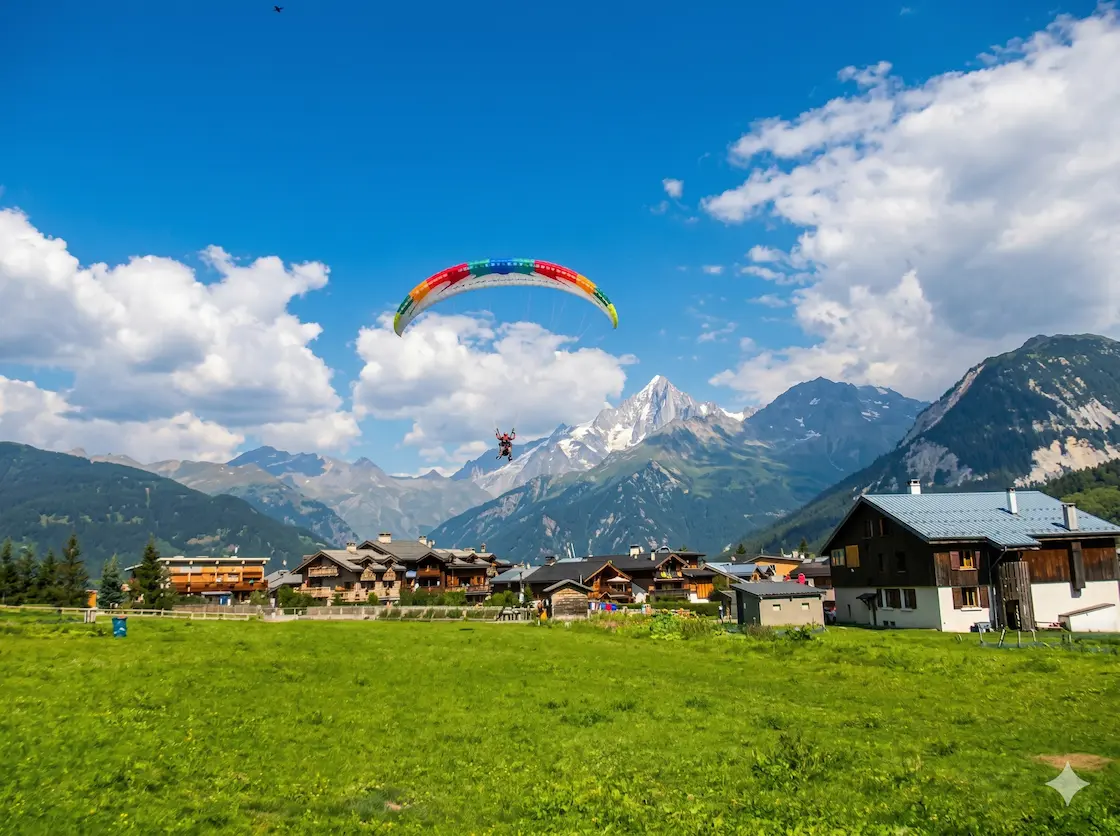 Paraglider coming into land in Courchevel, France