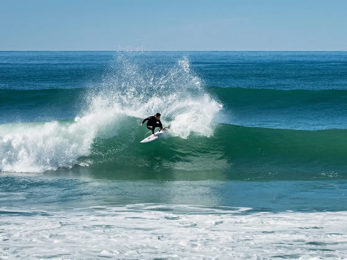 A surfer carves up a wave at Plage Centrale in Biscarrosse