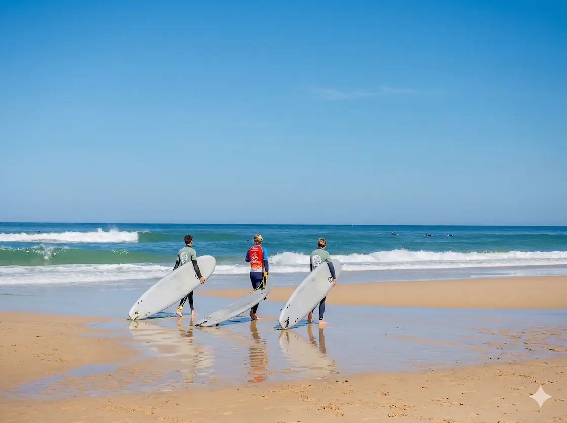 Surfers walking down the beach at Plage du Vivier in Biscarrosse