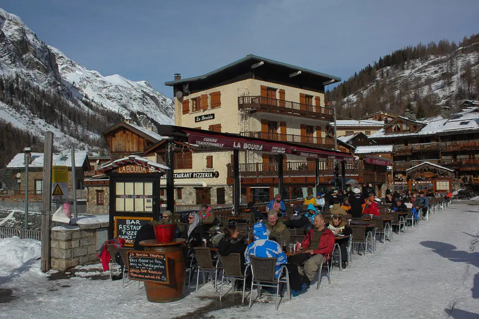 Tignes-les-Brévières village with wood and stone buildings