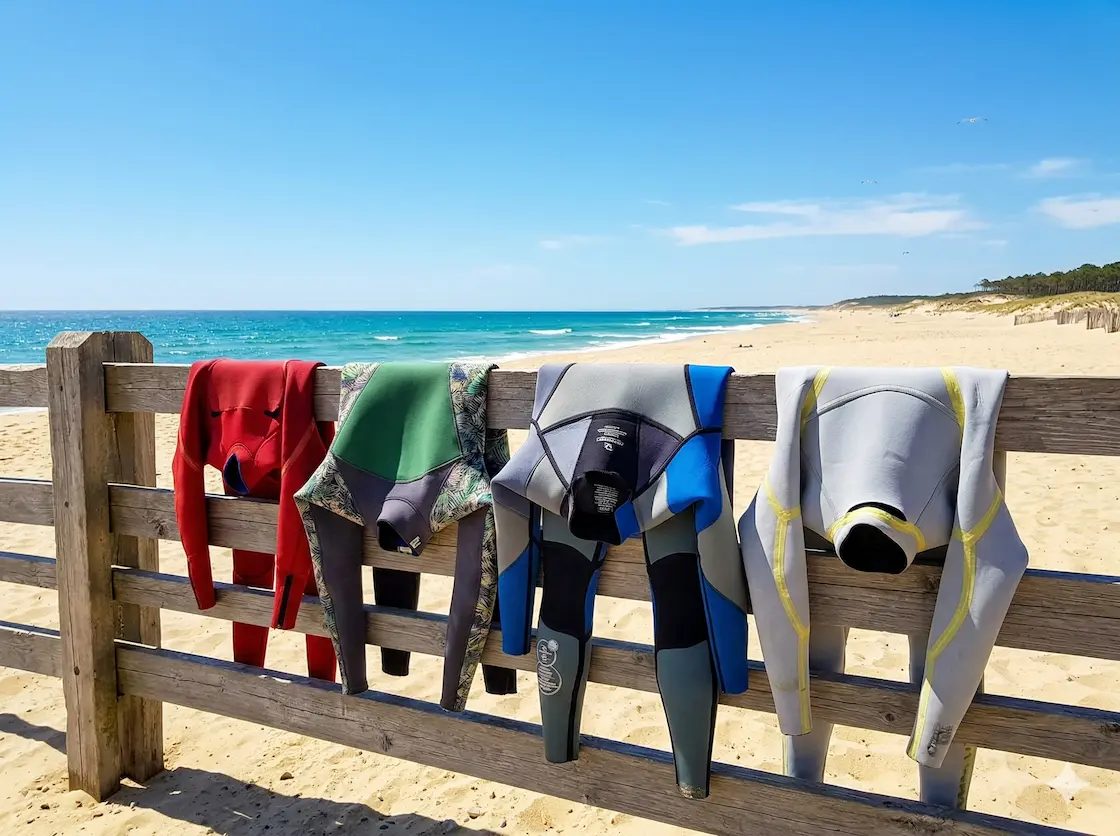 Wetsuits drying over a fence on a beach in south-west France