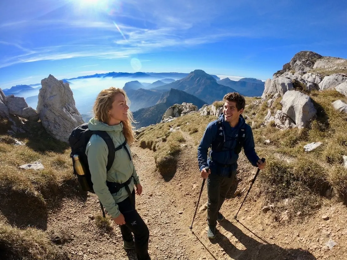 Hikers on a trail on the  Dent de Crolles in Massif de la Chartreuse