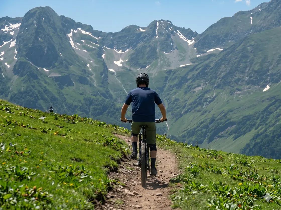 Mountain biker rides a singletrack trail in the French Pyrenees