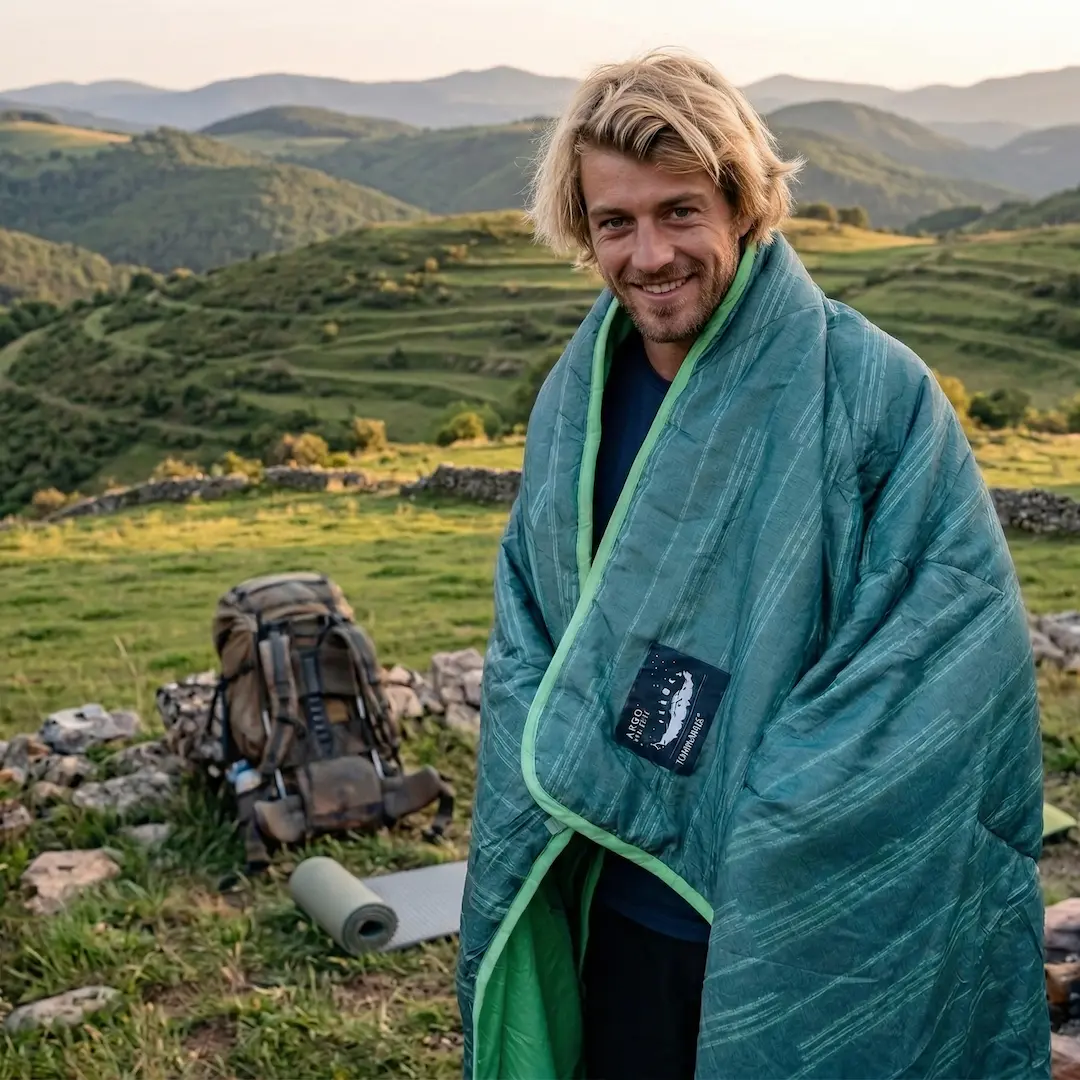 Man wrapped in a Therm-a-Rest Argo Camping Blanket
