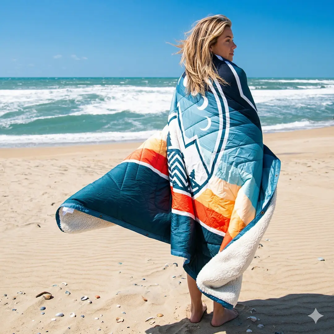 Girl wrapped in a VOITED CloudTouch blanket on a beach in southwest France