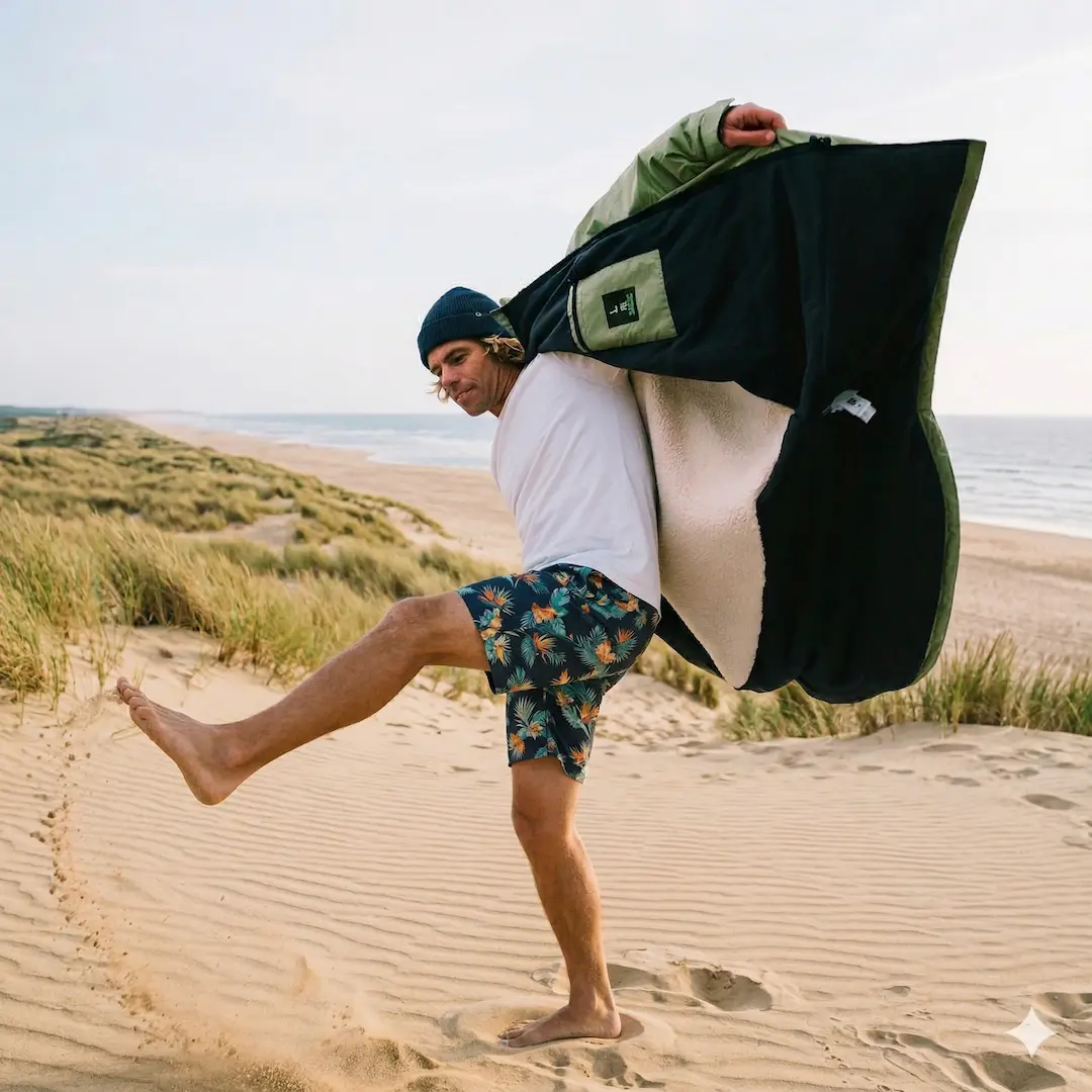 Bastien wearing a VOITED Drycoat changing robe and shoeing off the sherpa fleece lining
