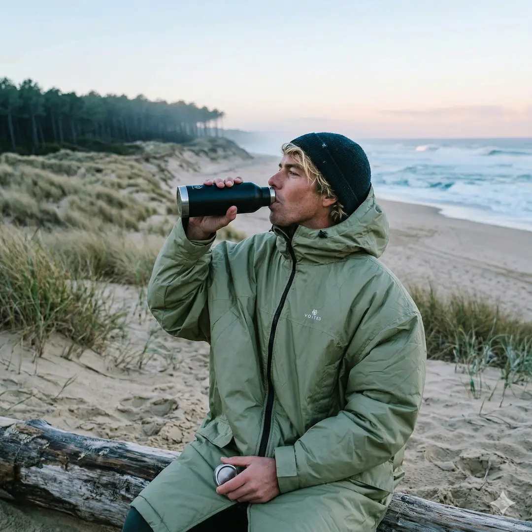 Man drinking from a flask wearing a VOITED Drycoat 3.0 Changing Robe