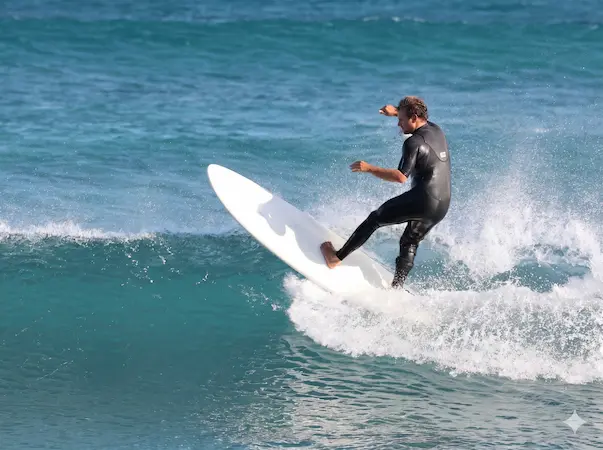 Beginner surfer attempting a cutback on a wave