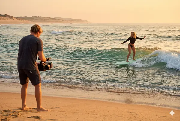 Surfer being filmed from the beach