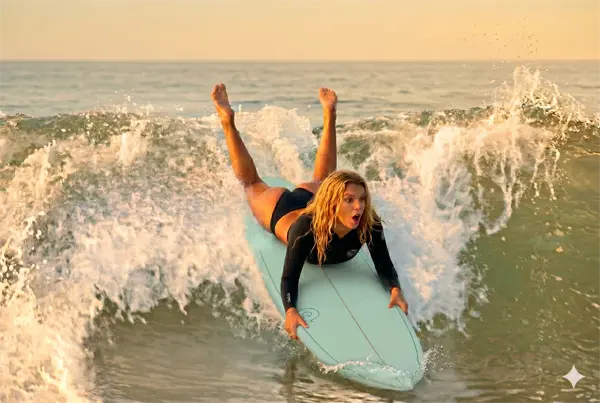 Repeating the same mistakes in surfing. Surfer Léa repeating the same mistakes when learning to surf. Here, her position on the board is incorrect when paddling for a wave.