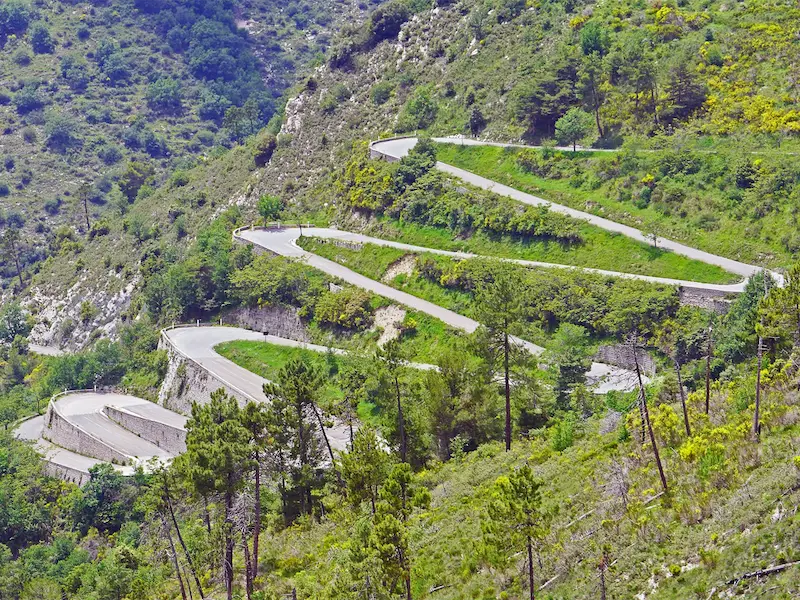 The stacked hairpin bends of the Col de Braus near Sospel
