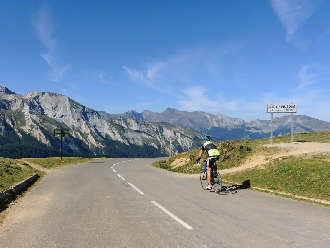 Road cyclist on the Col d'Aubisque in the French Pyrenees