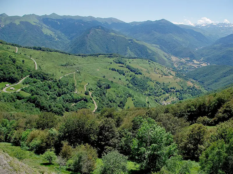 View from the col d'Aspin showing the road to Arreau in the Hautes-Pyrénées, France.