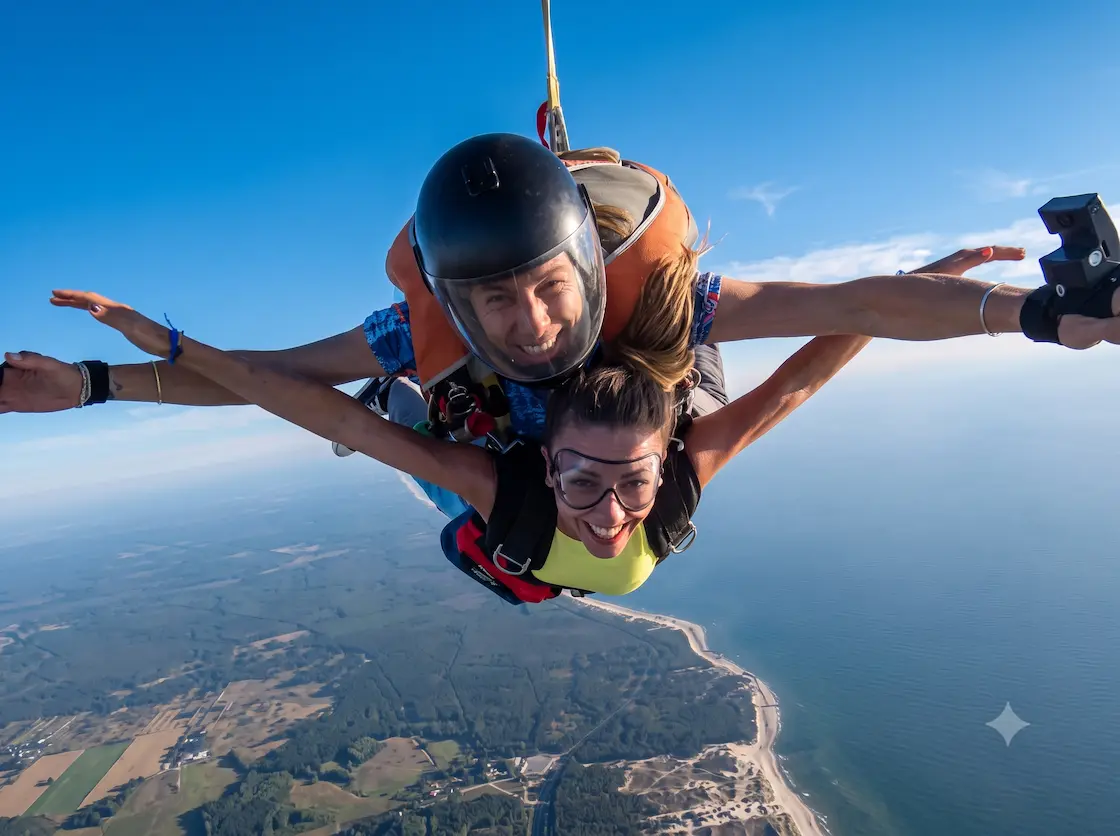 Tandem skydiving over the coast near Royan, France