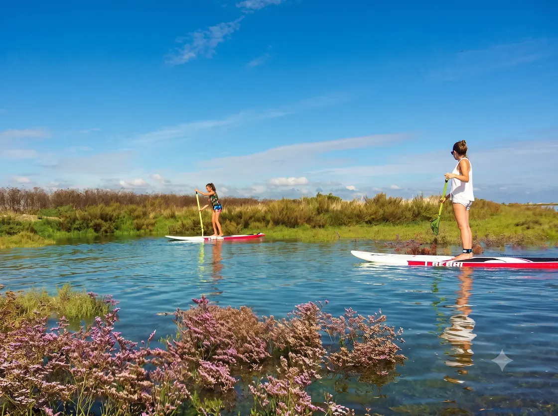 Two girls Stand Up Paddleboarding in the salt marshes on Ile de Ré