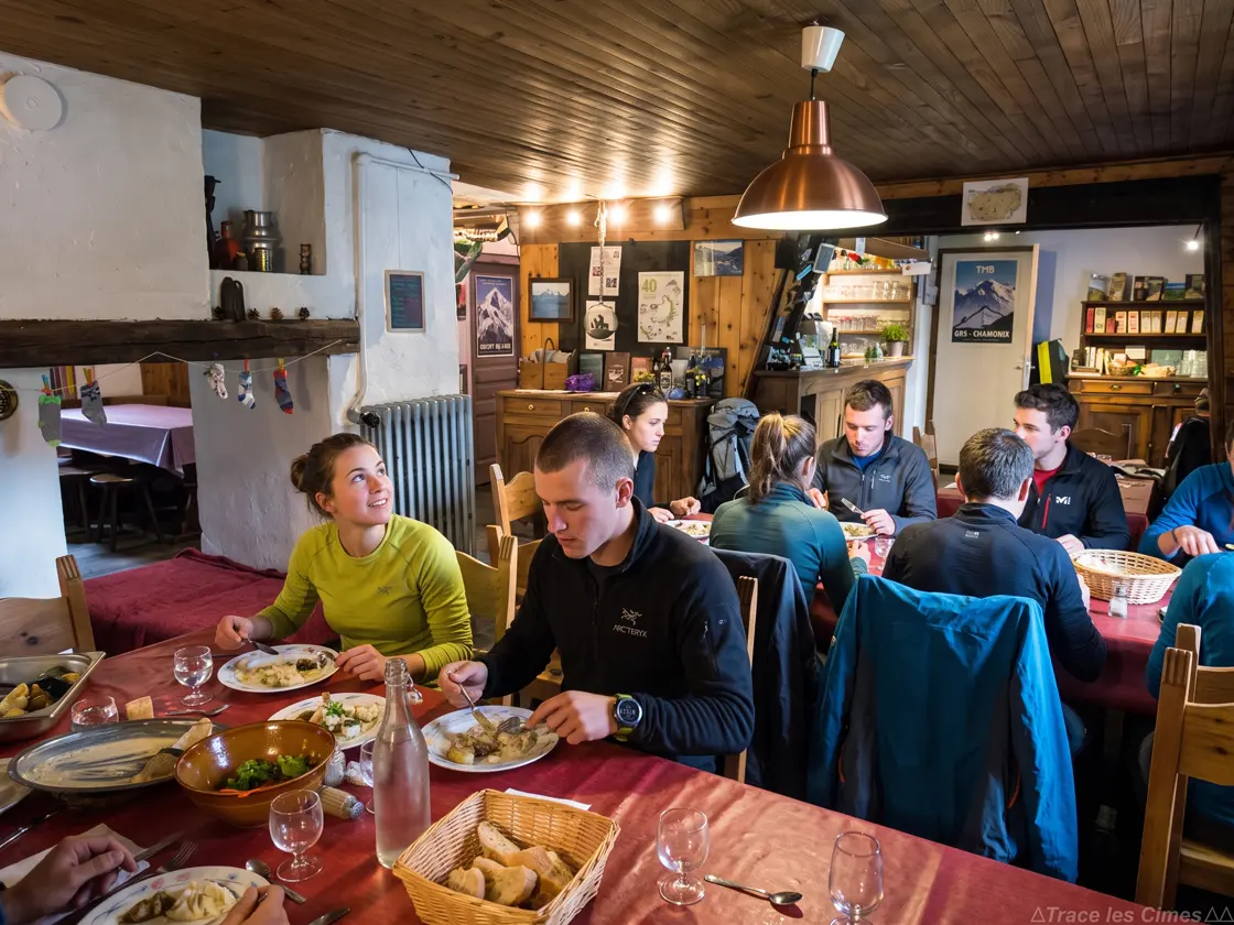 A communal dinner in a mountain refuge on the GR5