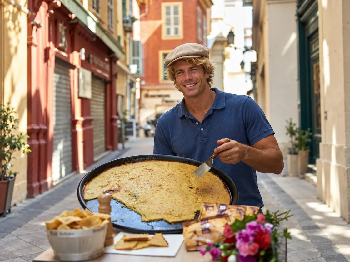 Socca, the chickpea pancake of Nice, fresh from a wood-fired oven in the old town