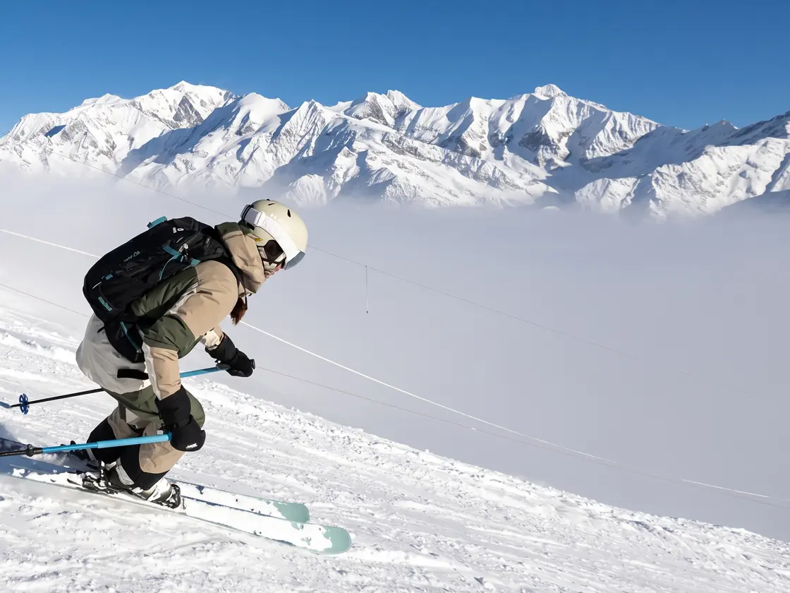 Skiing in Les Contamines below Mont Blanc